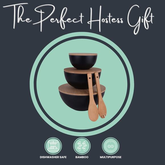 Bamboo Serving Bowl Set with Cutting Board Lids – Black (3 Bowls + Utensils) - Picture 5 of 6